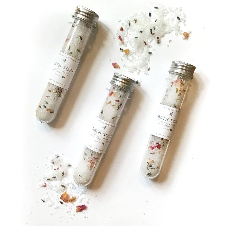 Soothe + Relax Bath Soak Shooter with essential oils and rose petals