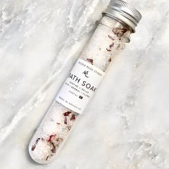 Soothe + Relax Bath Soak Shooter with essential oils and rose petals