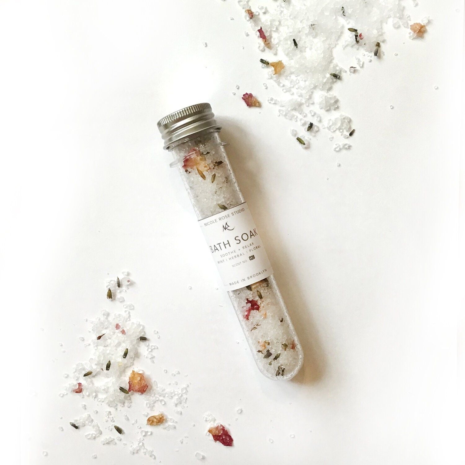 Soothe + Relax Bath Soak Shooter with essential oils and rose petals