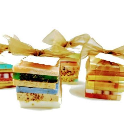 Assorted slices of vegan soap in grab bag tied with ribbon