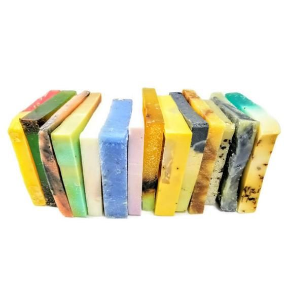 Assorted slices of vegan soap in grab bag tied with ribbon